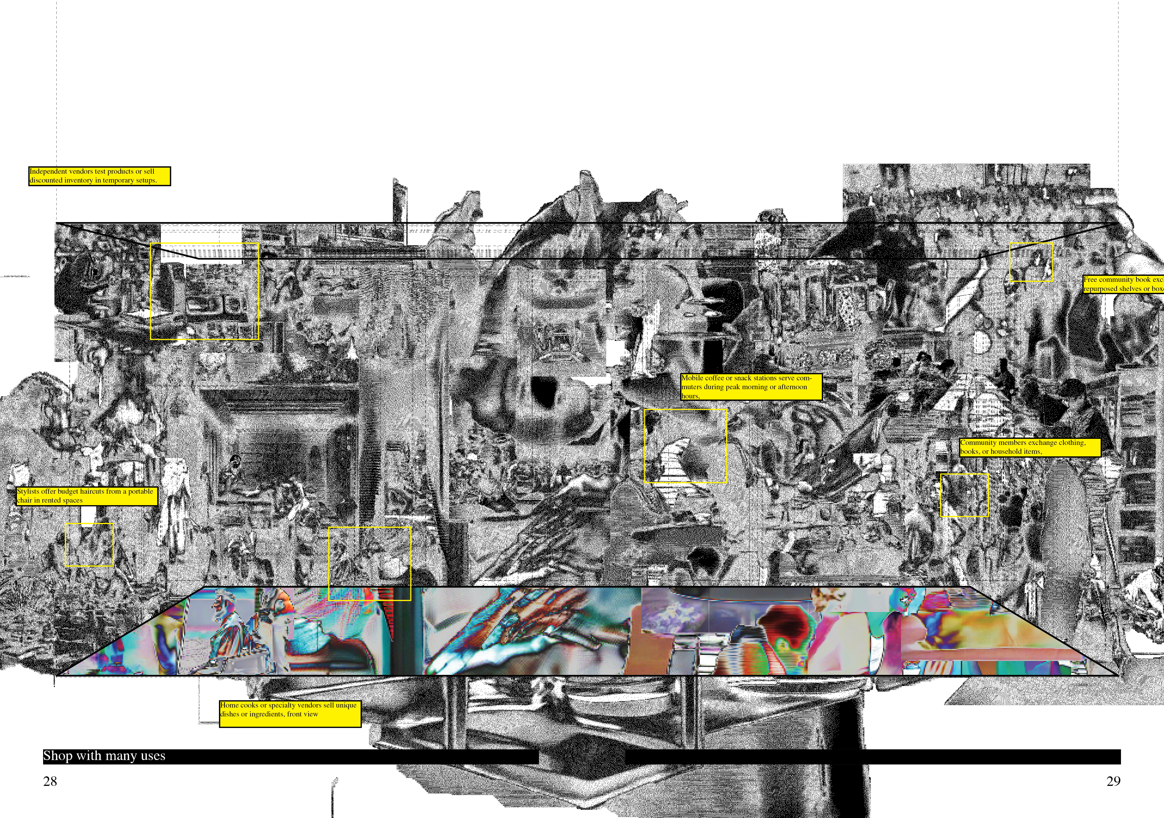 Double page spread titled Shop with many uses: a dense black-and-white collage of a crowded space with yellow labels describing temporary vendors and community activities, and a colourful strip along the bottom
