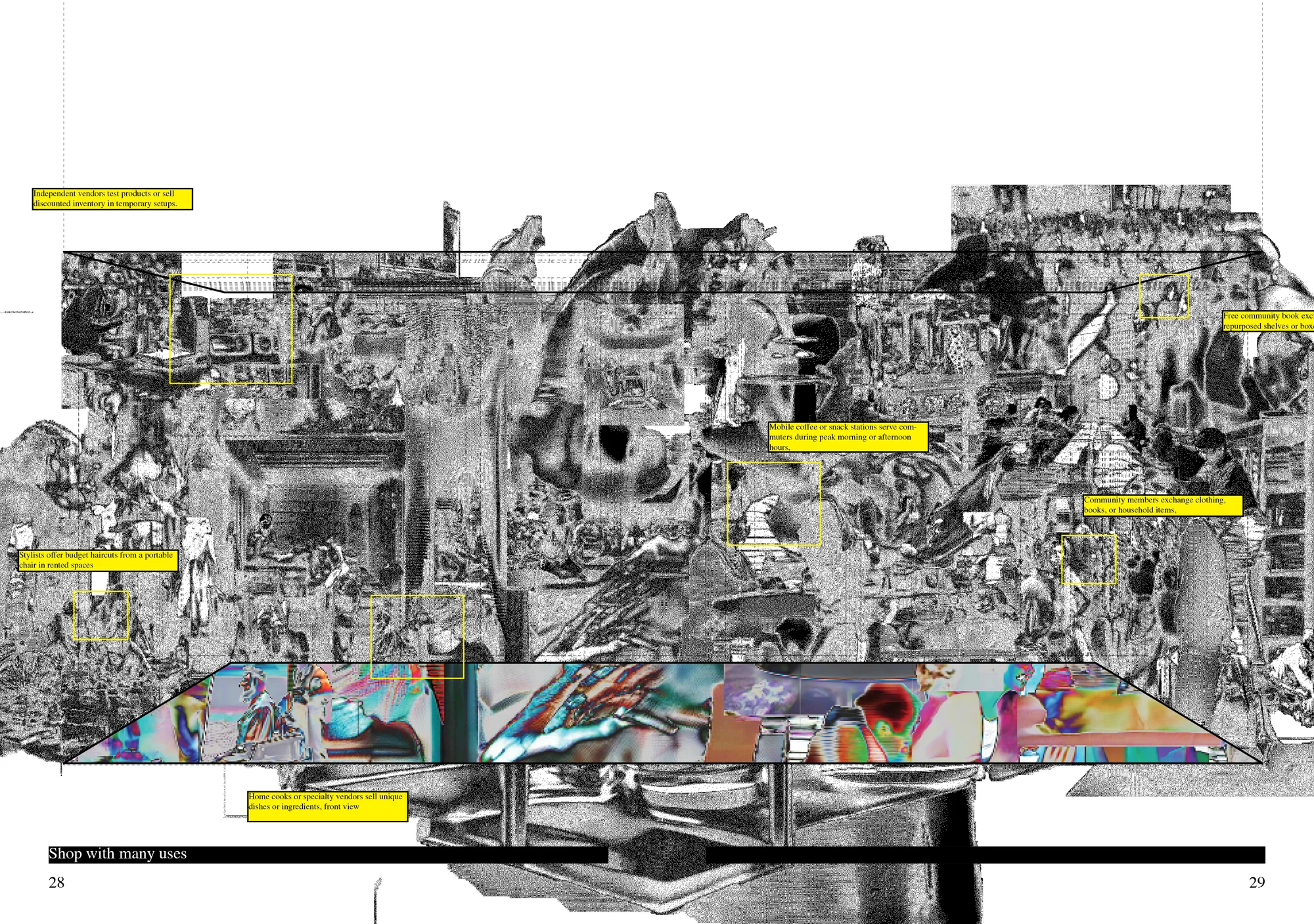 Double page spread titled Shop with many uses: a dense black-and-white collage of a crowded space with yellow labels describing temporary vendors and community activities, and a colourful strip along the bottom