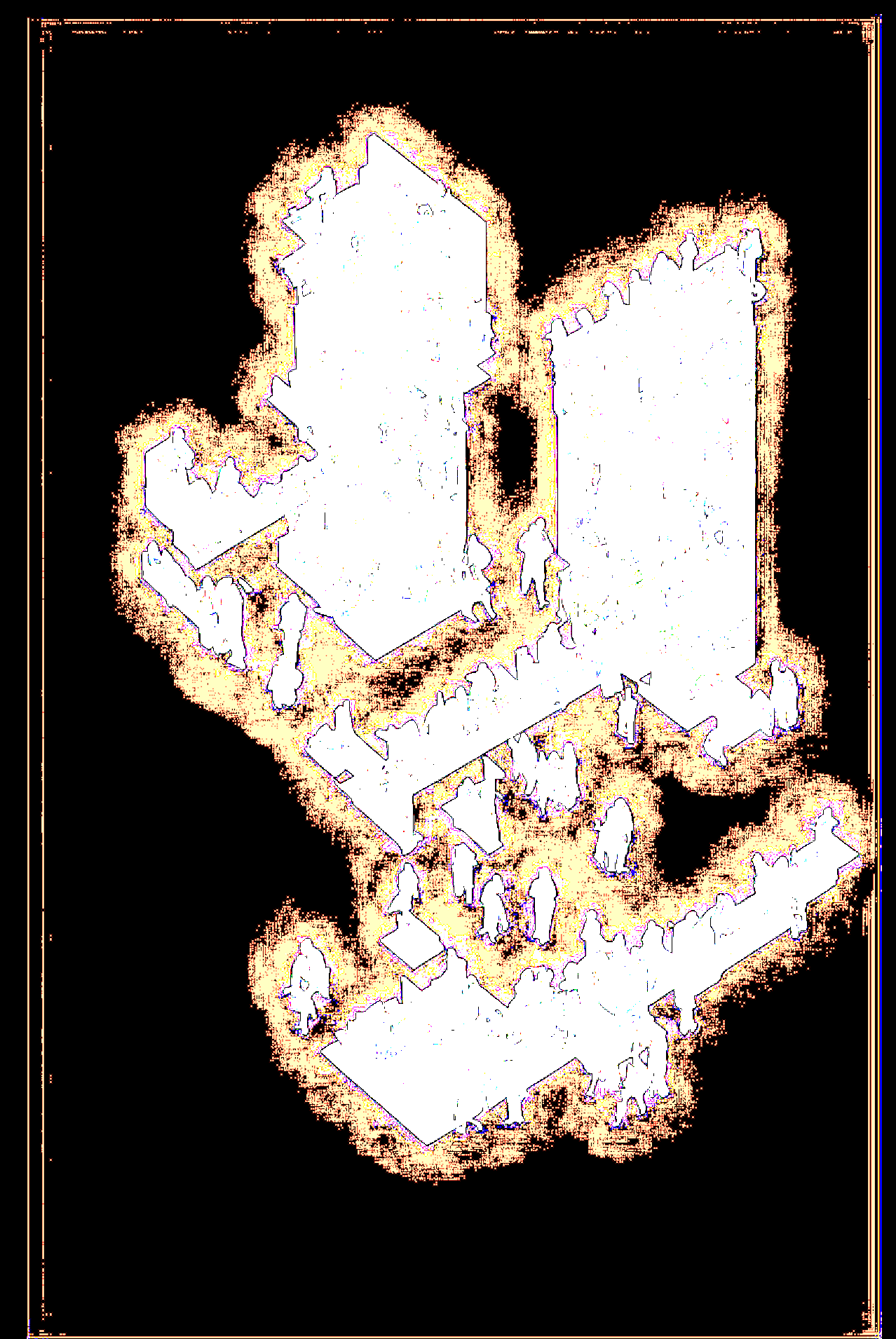 Inverted, high-contrast isometric drawing of stacked building volumes with small human figures, white on black with a glowing orange edge